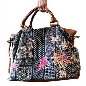 Johnny Was Viviana Denim Weekender Bag Floral Embroidery Handbag Brown Grey NEW